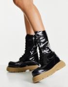 Asos Design Alicia Premium Leather Chunky Lace Up Boots In Black With Beige Sole