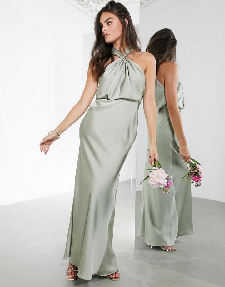 Asos Edition Satin Ruched Halter Neck Maxi Dress In Sage Green