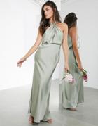 Asos Edition Satin Ruched Halter Neck Maxi Dress In Sage Green