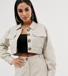 Asos Design Petite Cropped Utility Suit Blazer In Stone - Stone