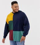 Asos Design Plus Organic Oversized Longline Long Sleeve T-shirt With Grid Color Block In Navy - Navy