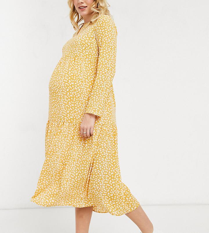 Asos Design Maternity Long Sleeve Tiered Smock Midi Dress In Mustard Floral-multi