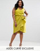 Asos Curve Pencil Dress With Waterfall Wrap Skirt - Yellow