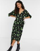 Asos Design Cotton Poplin Smock Wrap Midi Dress In Green Floral-multi