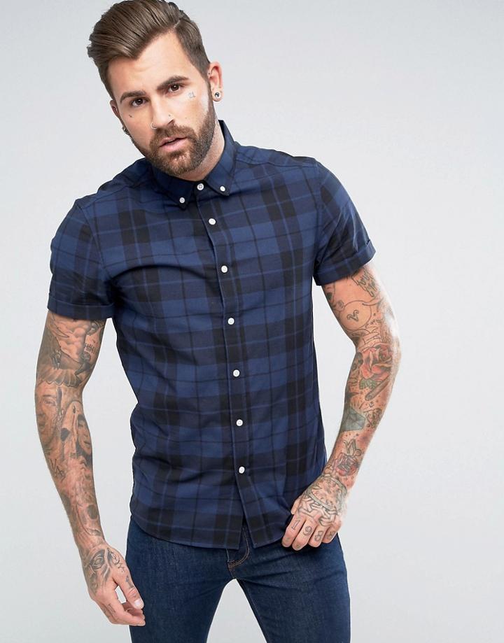 Asos Stretch Slim Check Shirt In Blue - Blue