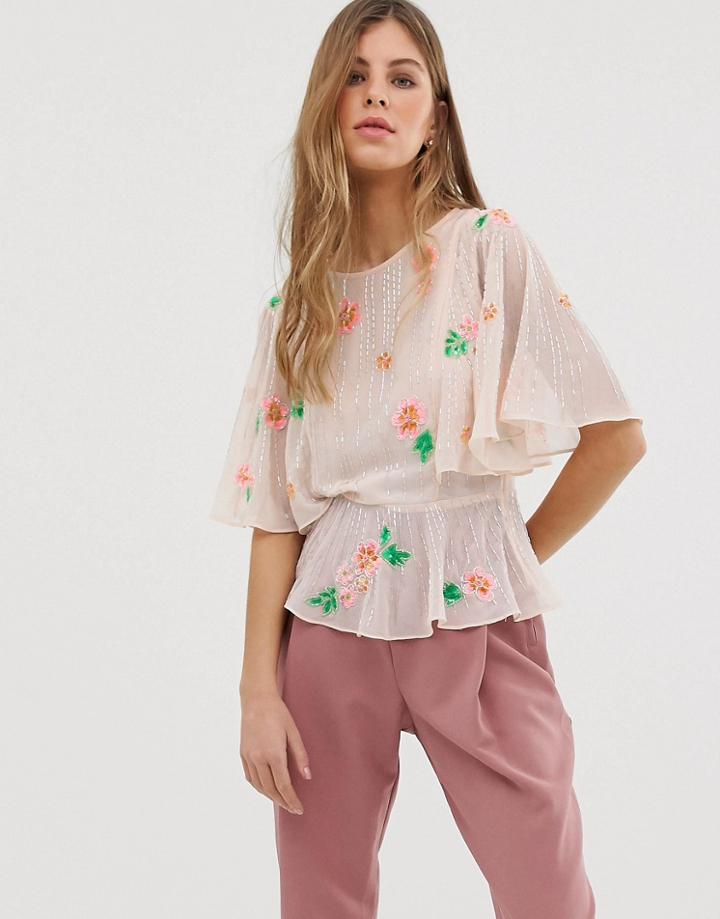 Asos Design Embellished Top With Flutter Sleeve - Beige