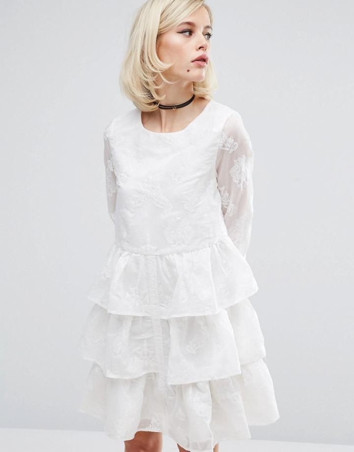 Lost Ink Floral Burnout Dress With Ruffles And Pleat Back - White