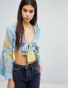Missguided Tropical Print Tie Front Top - Blue