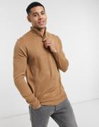 Soul Star Half Zip Funnel Neck Knitted Sweater In Tan-brown