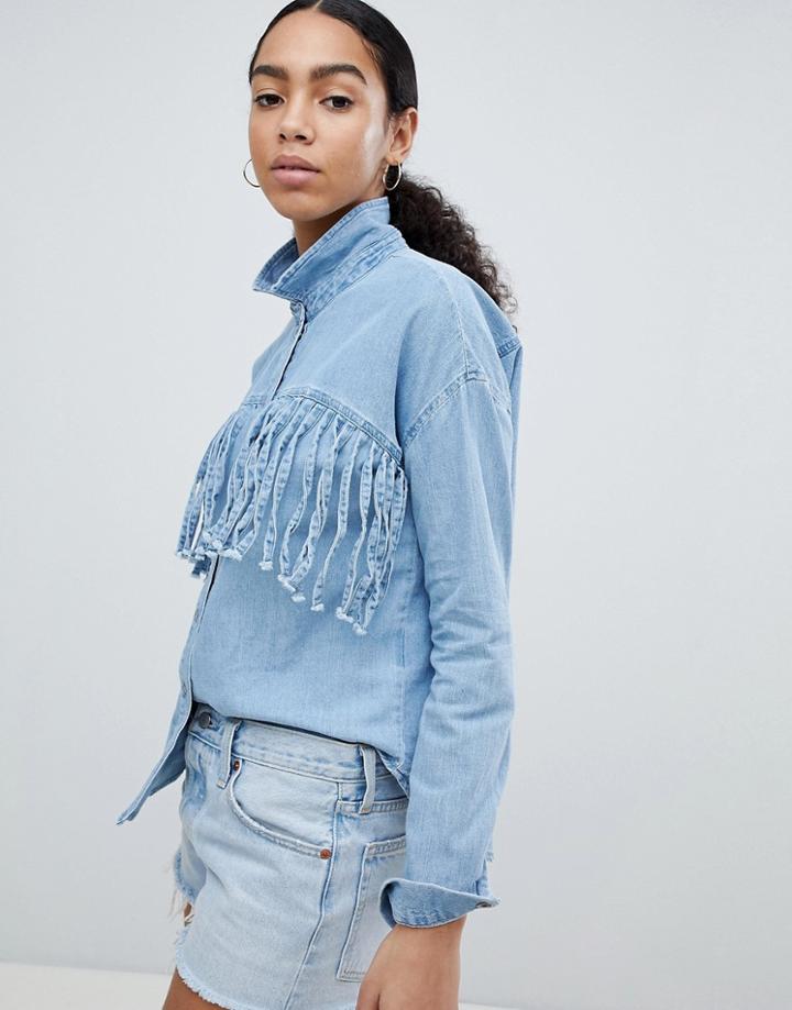 Noisy May Fringed Denim Shirt - Blue