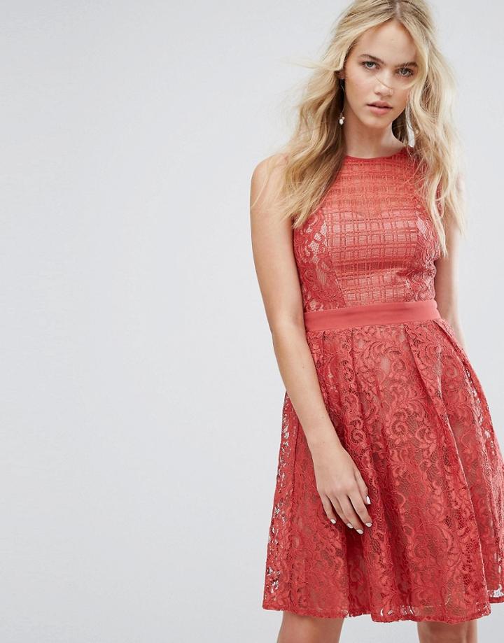 Little Mistress Lace Paneled Skater Dress - Orange