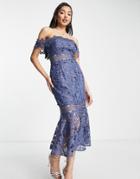 Asos Design Puff Sleeve Lace Midi Dress With Button Detail And Lace Inserts In Blue-orange