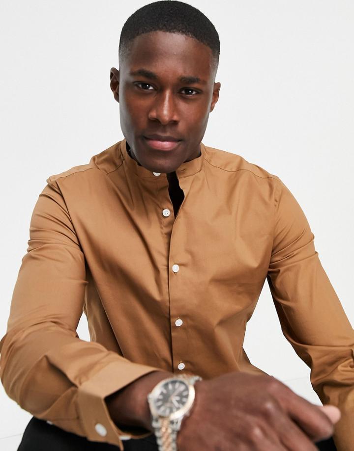Asos Design Skinny Fit Shirt With Grandad Collar In Light Brown