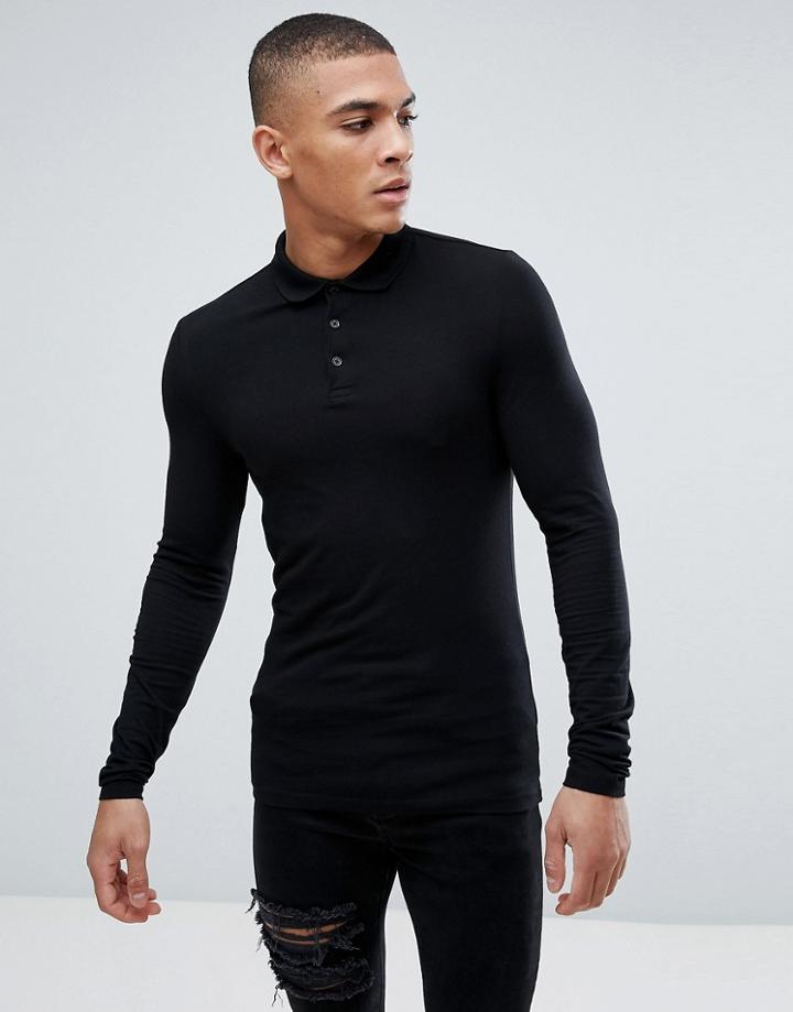 Asos Extreme Muscle Long Sleeve Jersey Polo In Black - Black