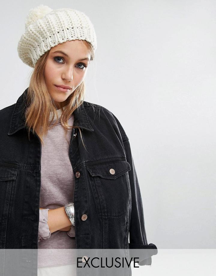 Reclaimed Vintage Chunky Knitted Pom Pom Beret - Stone