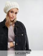 Reclaimed Vintage Chunky Knitted Pom Pom Beret - Stone