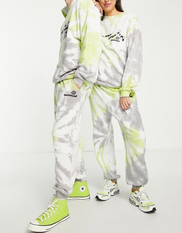 Asos Daysocial Unisex Relaxed Sweatpants With Slogan Print In Tie Dye Green - Part Of A Set