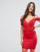 Lipsy Ruched Cold Shoulder Bodycon Dress - Red