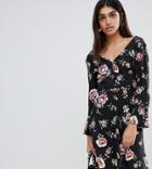 Influence Tall Rouleaux Loop And Button Detail Dress In Floral Print - Black