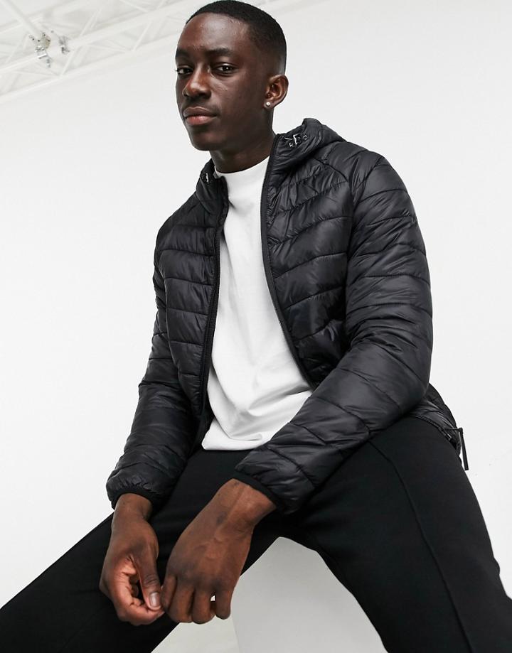 Bershka Padded Puffer Jacket With Hood In Black