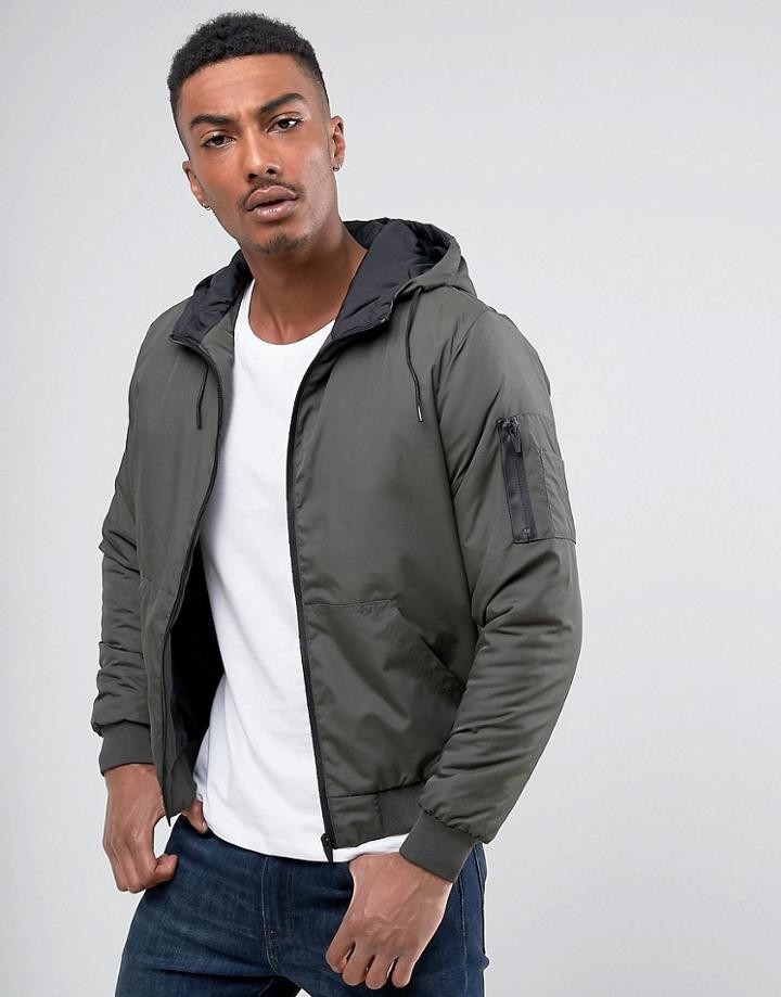 Brave Soul Hooded Bomber Jacket - Green