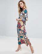 Traffic People Bold Floral Print 3/4 Sleeve Maxi Dress - Beige