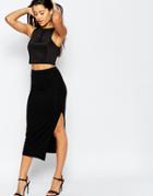 Asos Longer Length Midi Pencil Skirt With Thigh Split - Black