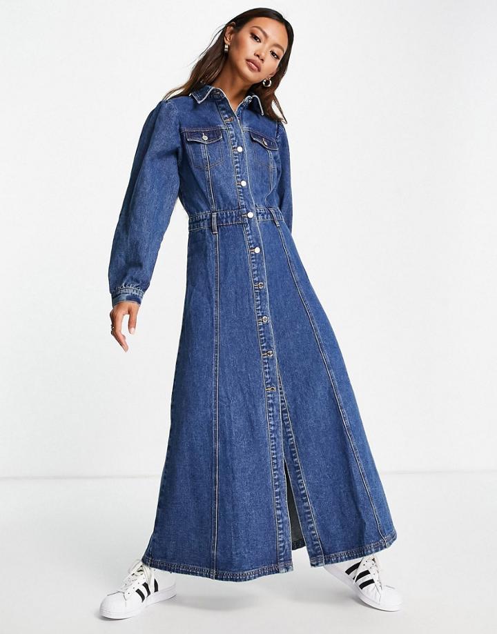 Lost Ink Maxi Trucker Dress In Washed Indigo Denim-blues