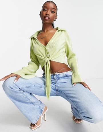 Ei8th Hour Plisse Tie Front Shirt In Green