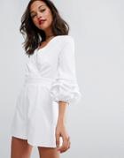 Asos Ruched Sleeve Wrap Front Romper - White
