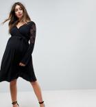Bluebelle Maternity Lace Sleeve Midi Skater Dress - Black