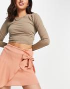 Asos Design Wrap Mini Skirt In Natural Crinkle In Terracotta-orange