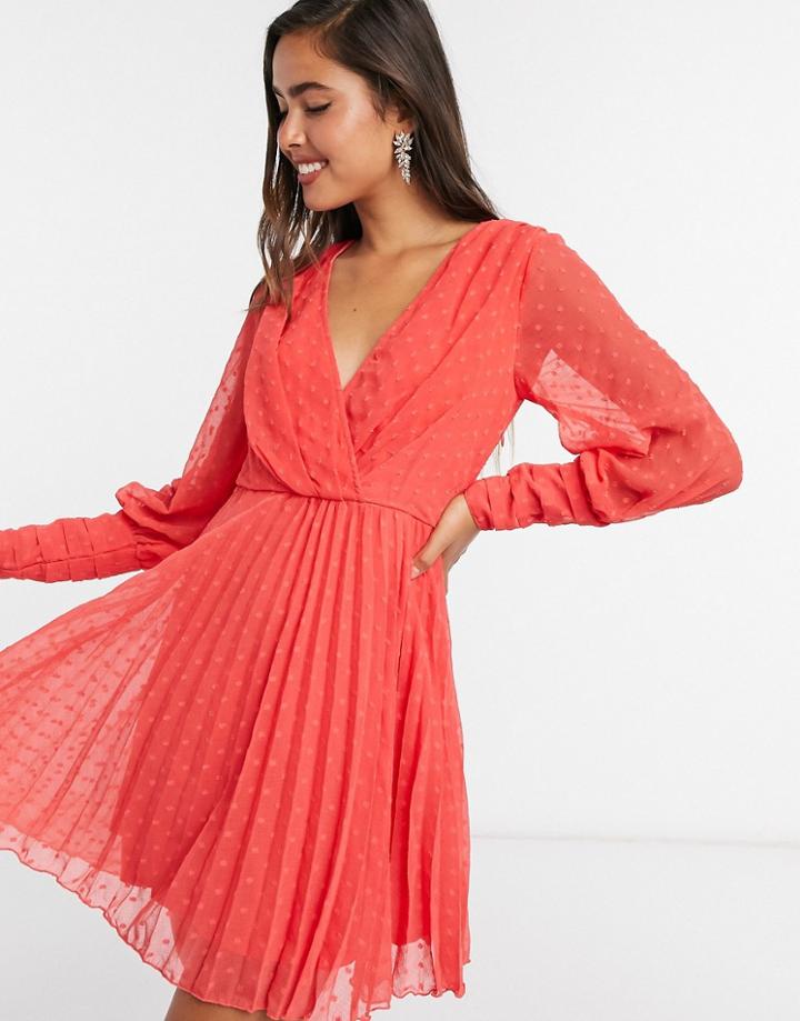 Asos Design Pleated Wrap Mini Dress In Dobby Spot With Pin Tuck Sleeves In Red