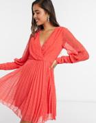 Asos Design Pleated Wrap Mini Dress In Dobby Spot With Pin Tuck Sleeves In Red