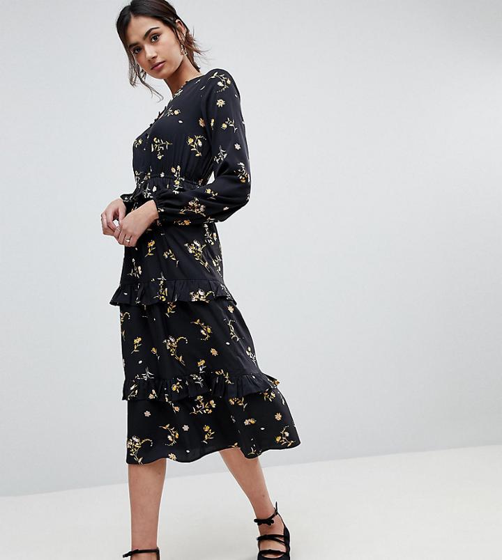 Influence Tall Floral Midi Dress With Tiered Hem - Black