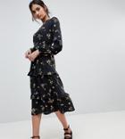 Influence Tall Floral Midi Dress With Tiered Hem - Black