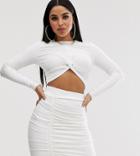Club L London Petite Knot Front Long Sleeve Top In White - White