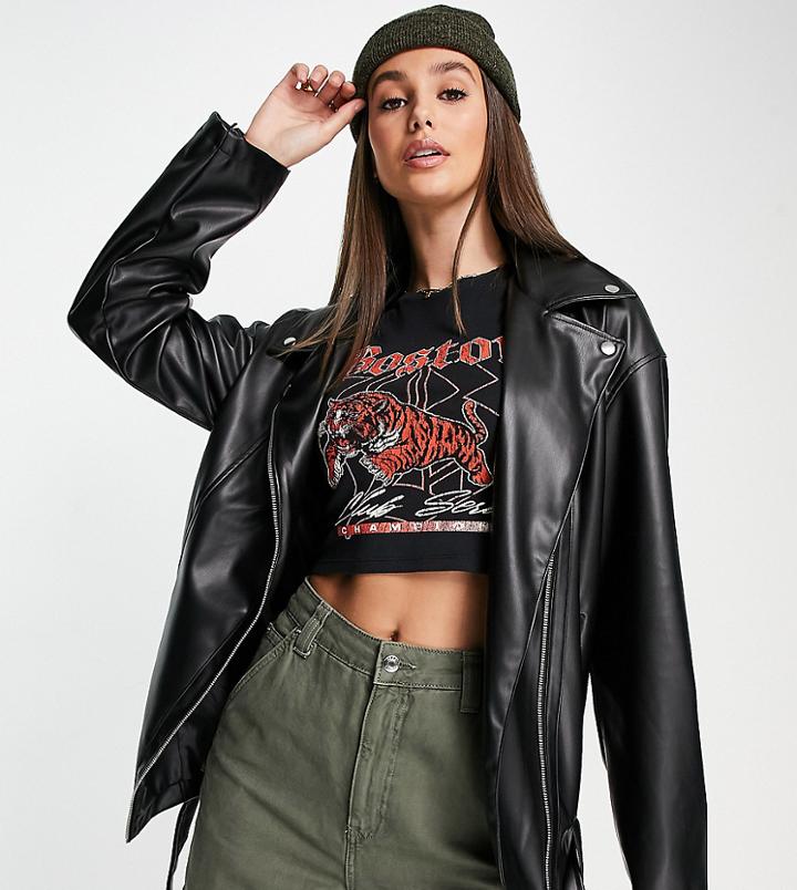 Asos Design Tall Longline Oversized Leather Look Biker Jacket In Black