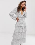 Na-kd Polka Dot Plunge Midi Dress In White