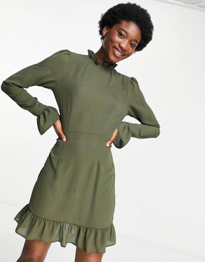 Asos Design Frill Neck Mini Dress With Fluted Three Quarter Sleeves In Khaki-green