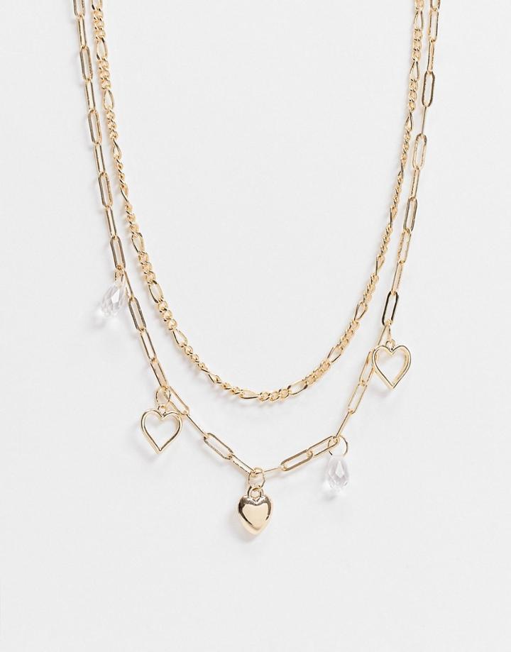 Topshop Multi Strand Necklace With Snake Chain And Heart Pendants In Gold