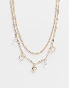 Topshop Multi Strand Necklace With Snake Chain And Heart Pendants In Gold