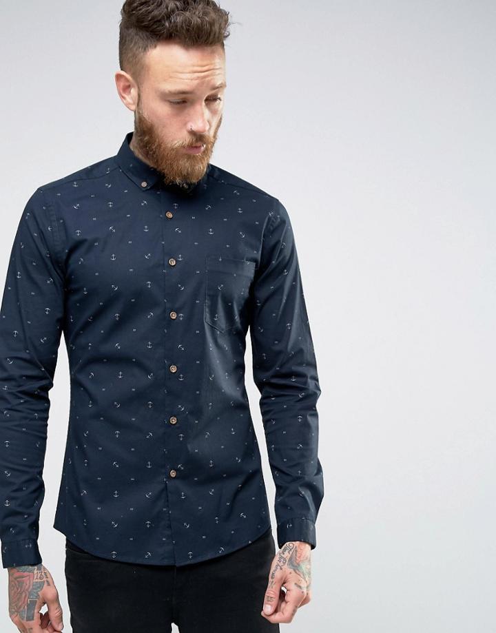 Asos Skinny Anchor Print Shirt In Navy With Long Sleeves - Navy
