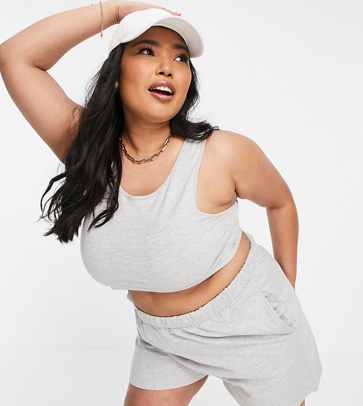 Threadbare Curve Crop Top And Sweatpants Shorts Set In Gray Heather-grey