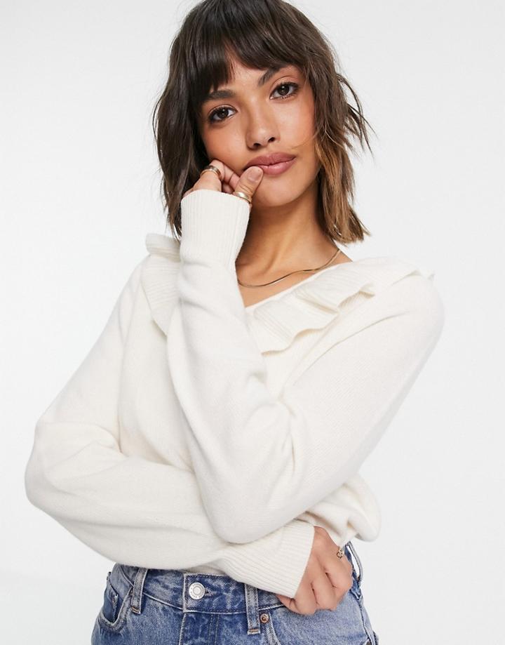 & Other Stories Recycled Wool Ruffle Neck Line Knit Sweater In Off-white