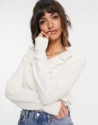 & Other Stories Recycled Wool Ruffle Neck Line Knit Sweater In Off-white