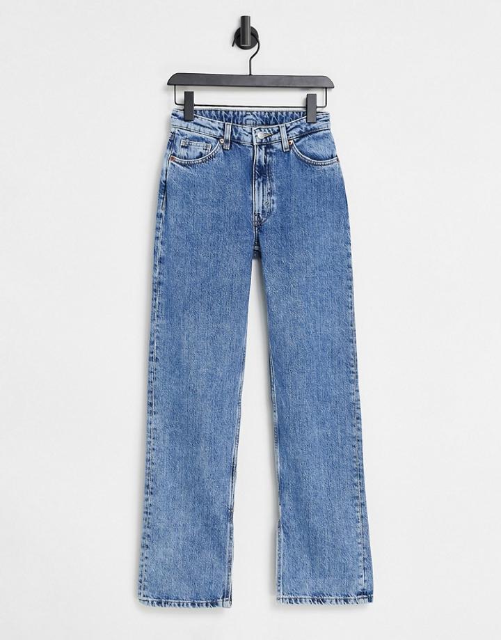 Monki Elsie Organic Cotton Straight Leg Jeans With Split Hem In Mid Blue Wash-blues