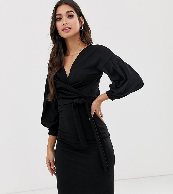 Boohoo Petite Wrap Bodycon Midi Dress In Black - Pink