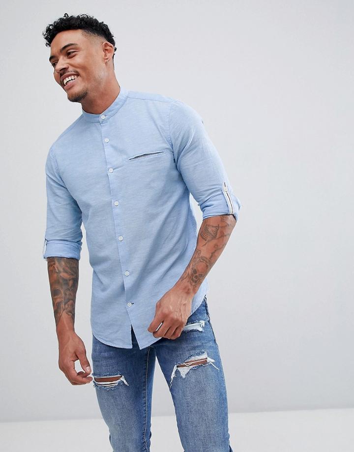 Pull & Bear Grandad Collar Shirt In Light Blue - Blue