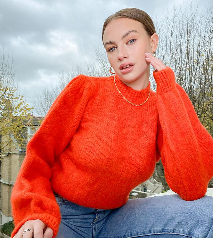 Vero Moda Tall Knitted Sweater With Puff Sleeves In Red-orange
